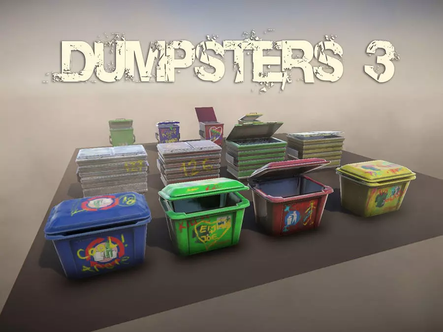 Dumpsters 3 group of colorful trash cans Low-poly 3D model_0