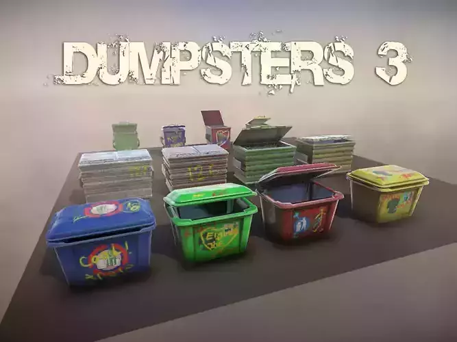 Dumpsters 3 group of colorful trash cans Low-poly 3D model