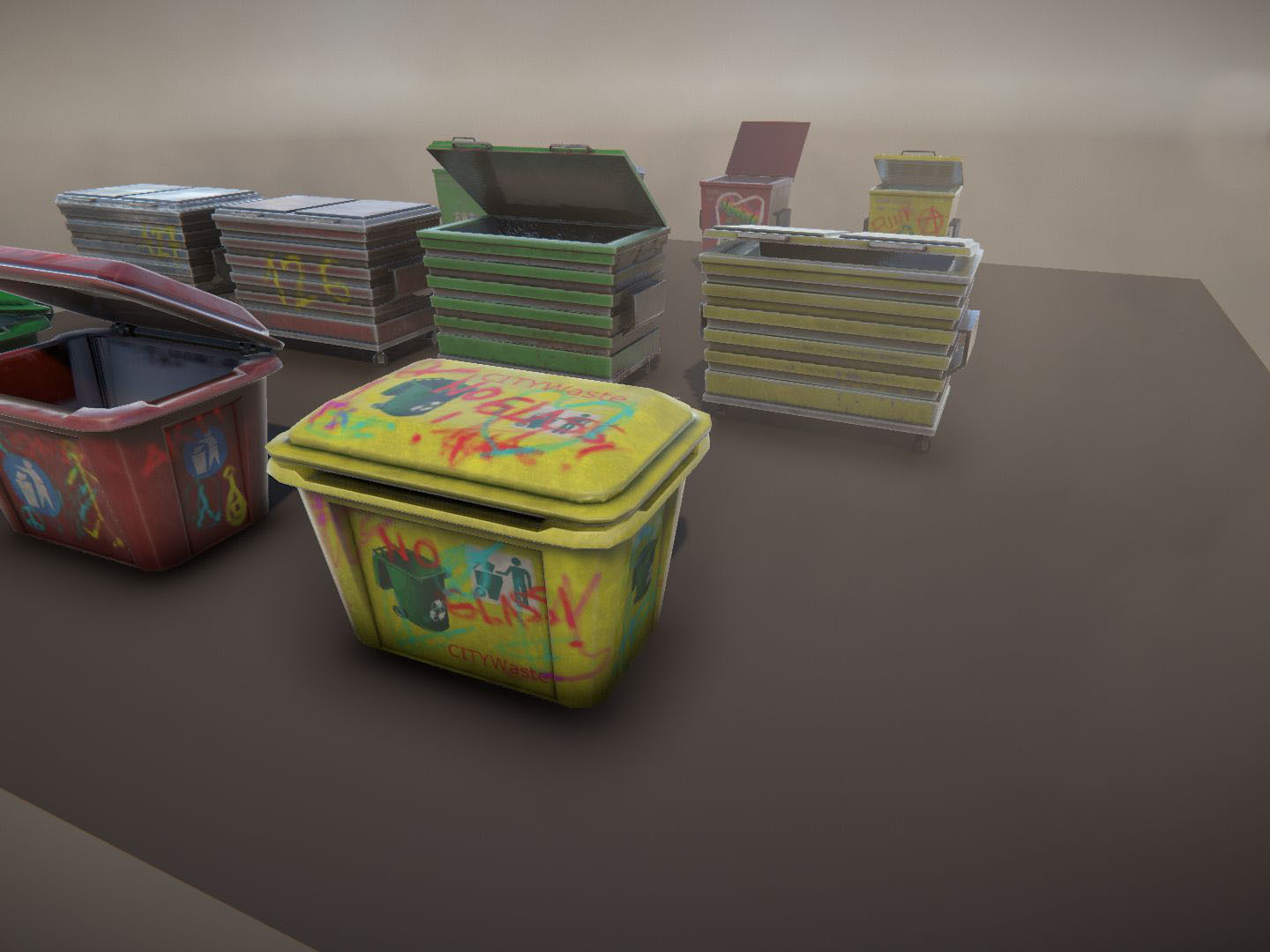 Dumpsters 3 group of colorful trash cans Low-poly 3D model_2