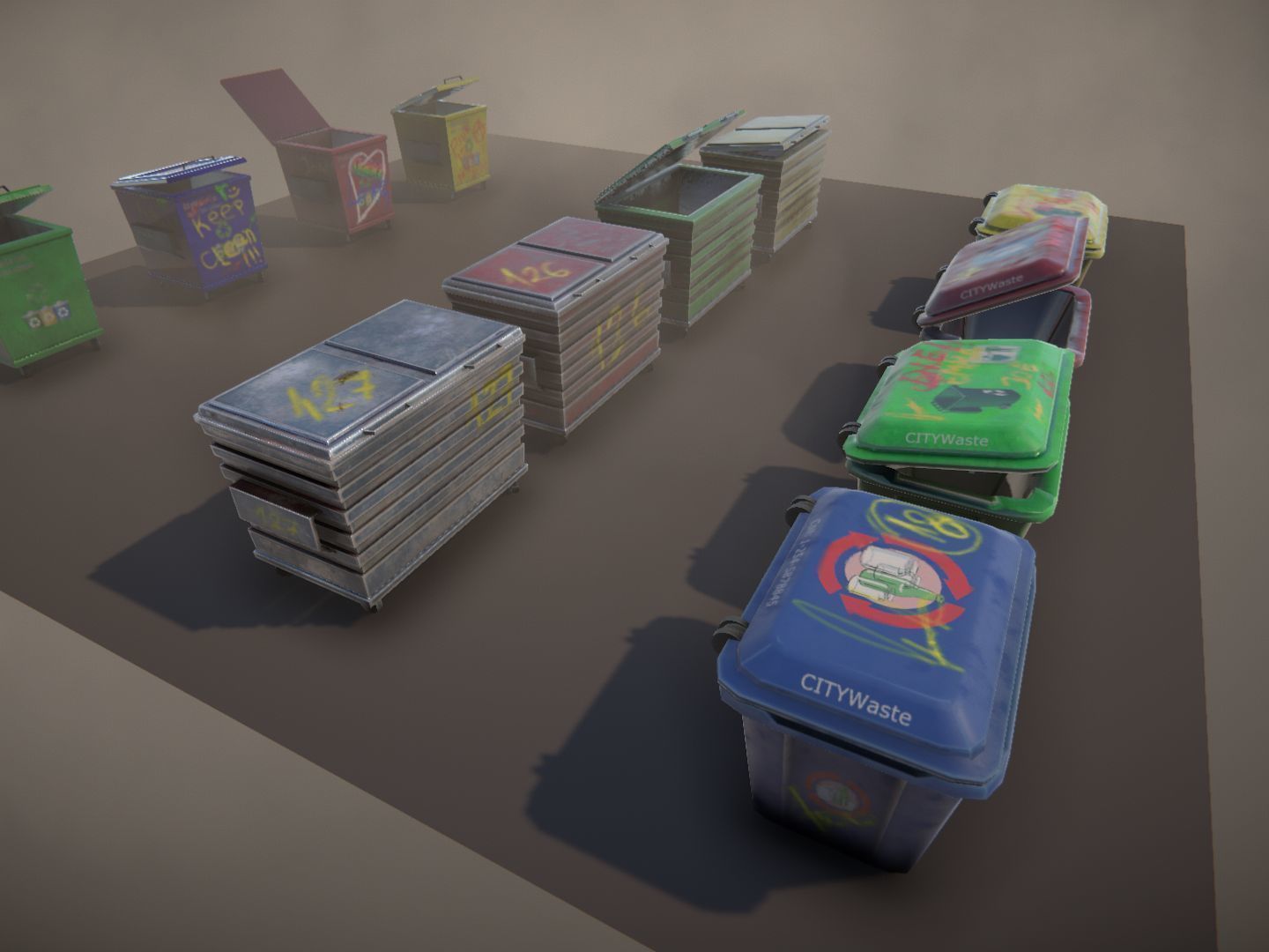 Dumpsters 3 group of colorful trash cans Low-poly 3D model_6
