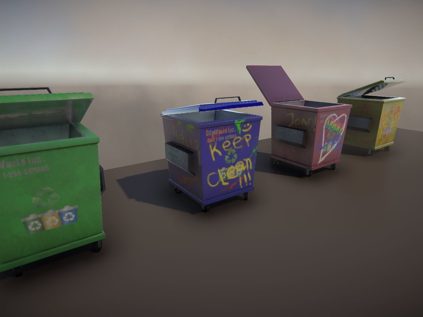 Dumpsters 3 group of colorful trash cans Low-poly 3D model_5