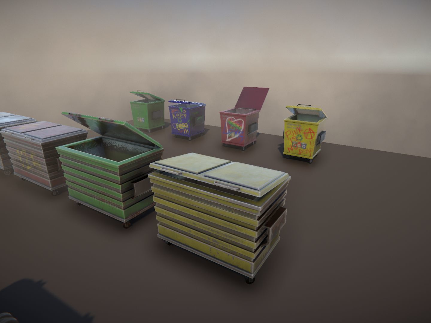 Dumpsters 3 group of colorful trash cans Low-poly 3D model_3