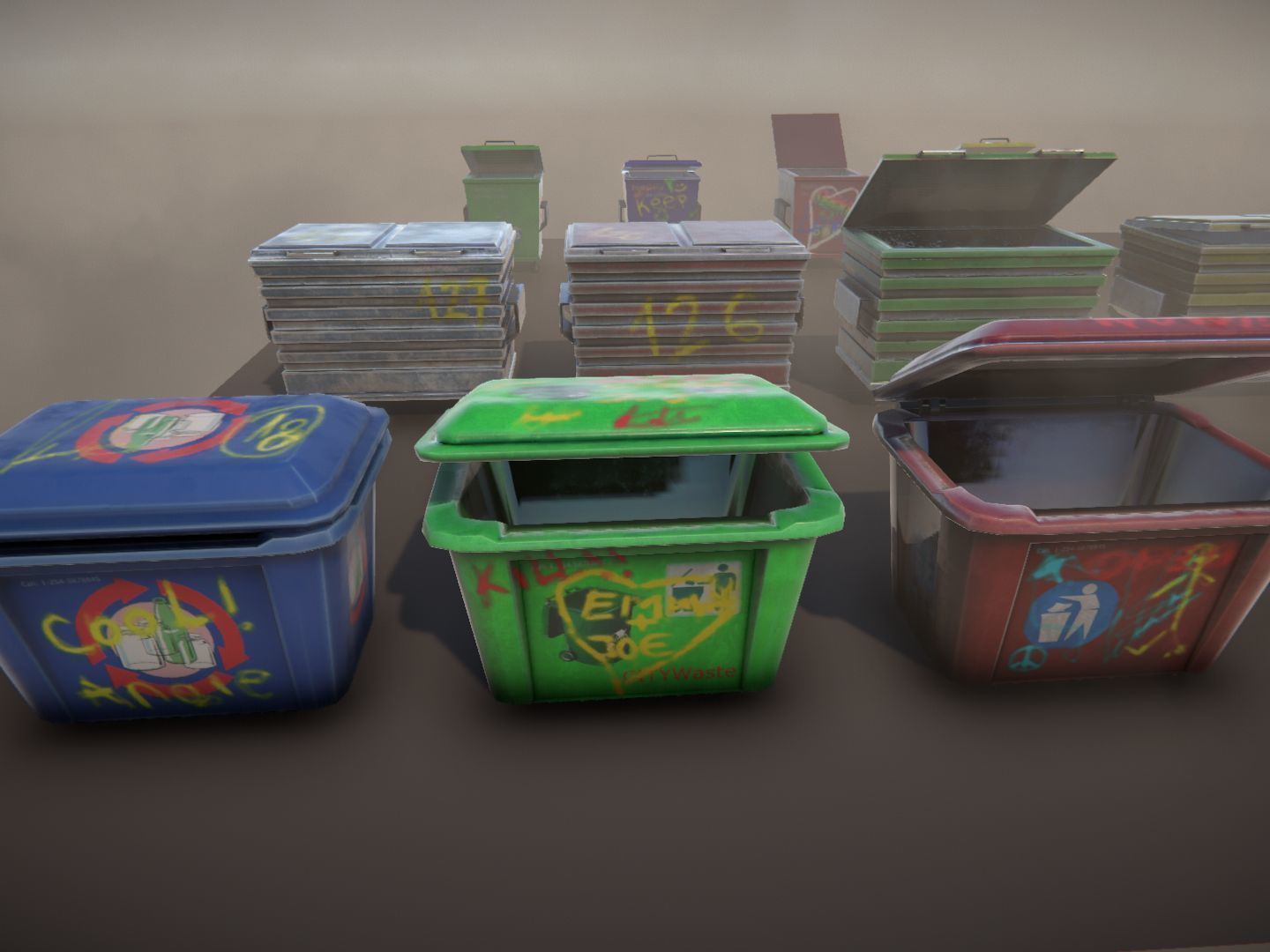 Dumpsters 3 group of colorful trash cans Low-poly 3D model_1