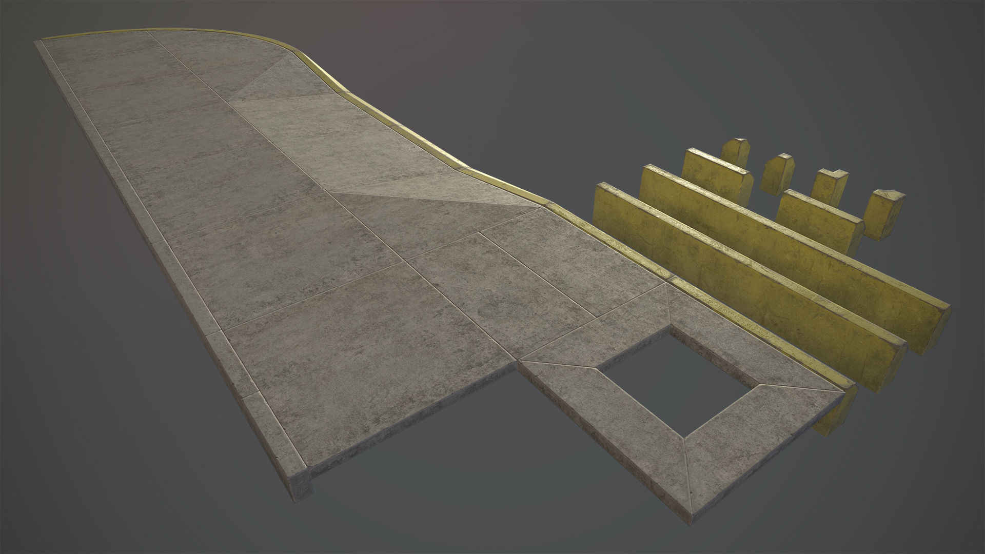 Sidewalk - Modular Set 4 with Yellow Curb Low-poly 3D model_9