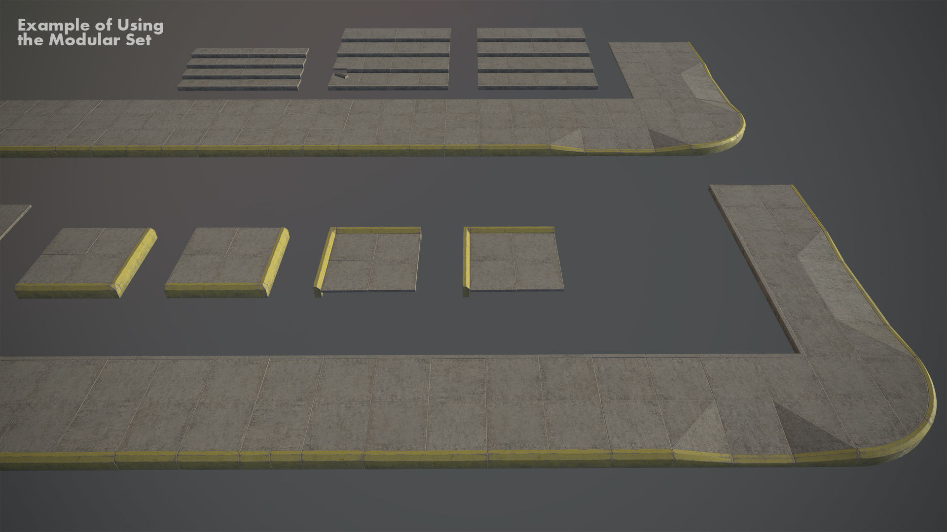 Sidewalk - Modular Set 4 with Yellow Curb Low-poly 3D model_17