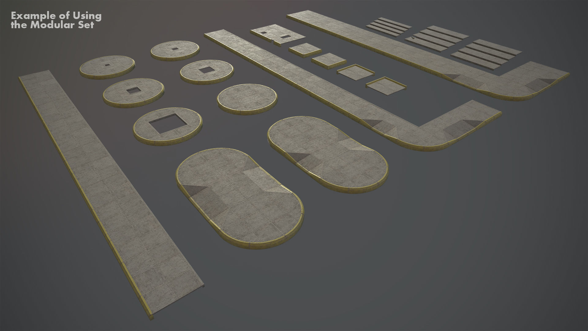 Sidewalk - Modular Set 4 with Yellow Curb Low-poly 3D model_15