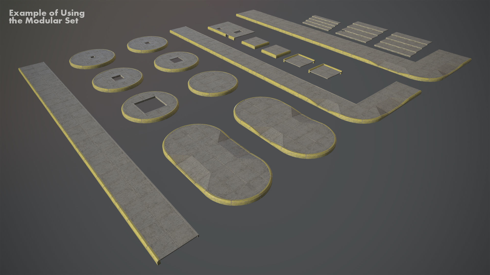 Sidewalk - Modular Set 4 with Yellow Curb Low-poly 3D model_18