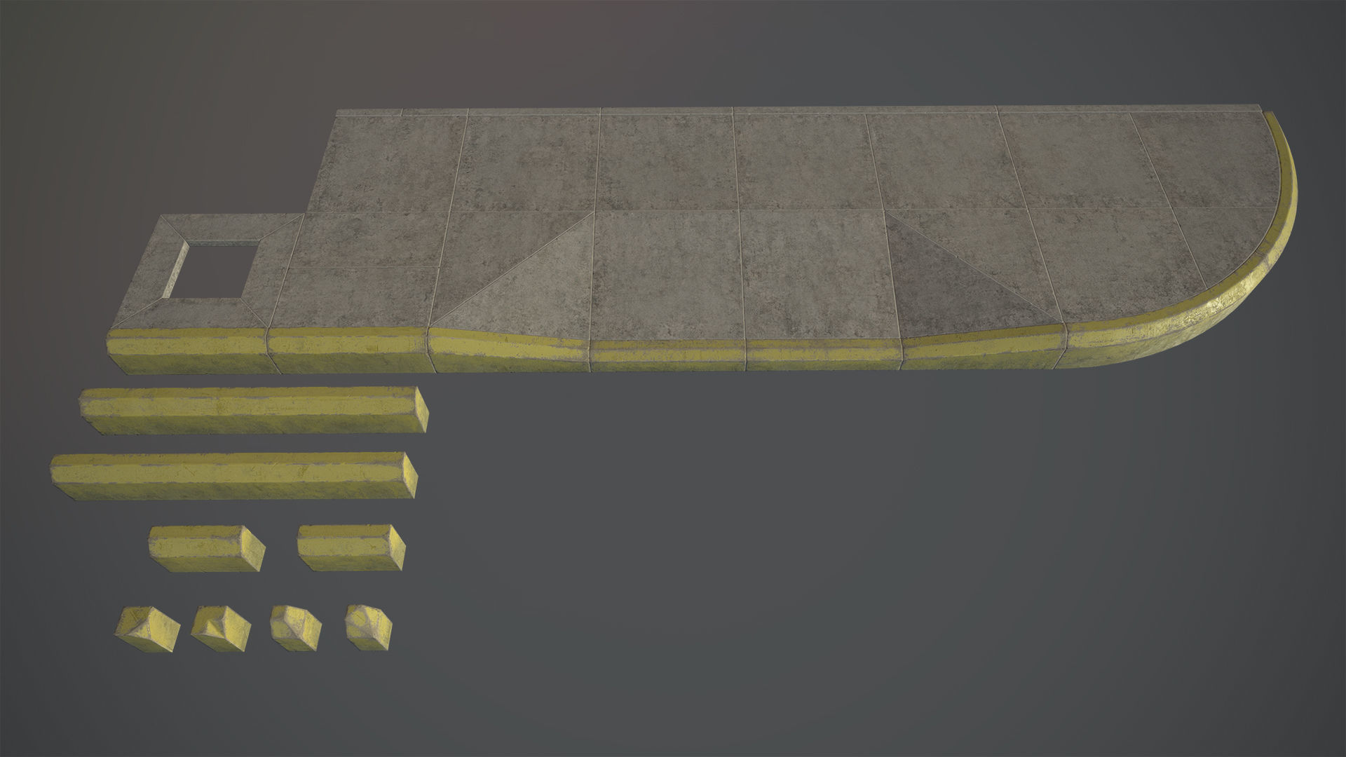 Sidewalk - Modular Set 4 with Yellow Curb Low-poly 3D model_4