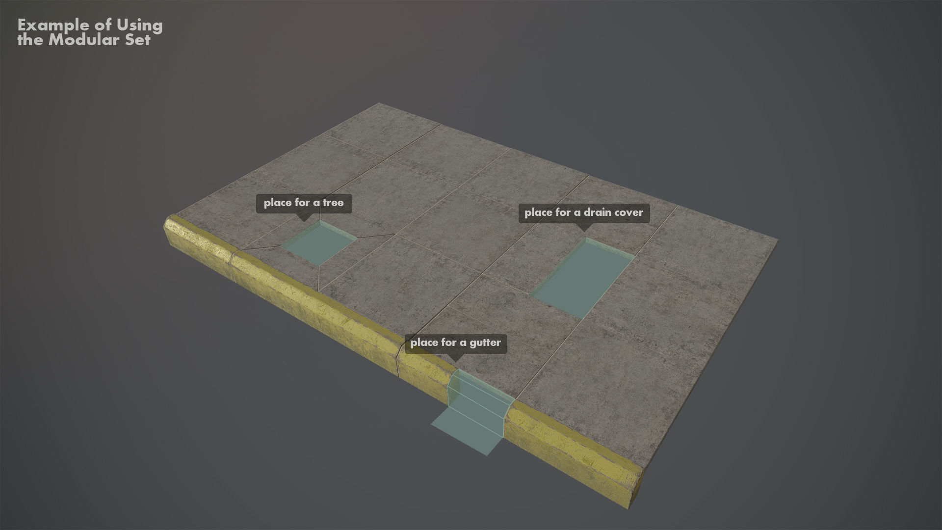 Sidewalk - Modular Set 4 with Yellow Curb Low-poly 3D model_14