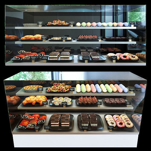 Cake set bakery display case with donuts and pastries 3D model