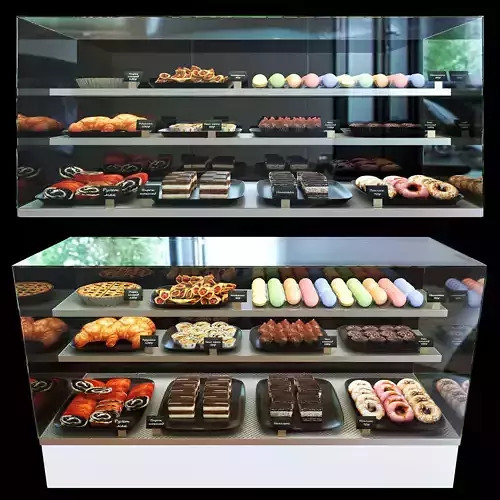 Cake set bakery display case with donuts and pastries 3D model