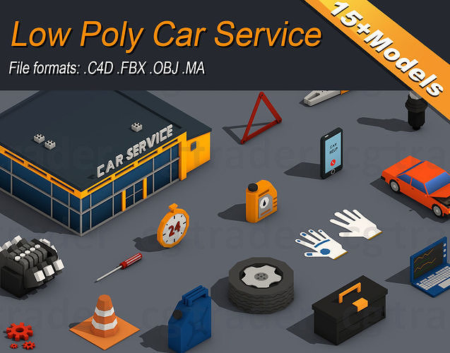 Low Poly Car Service Engine Repair Isometric Low-poly 3D model