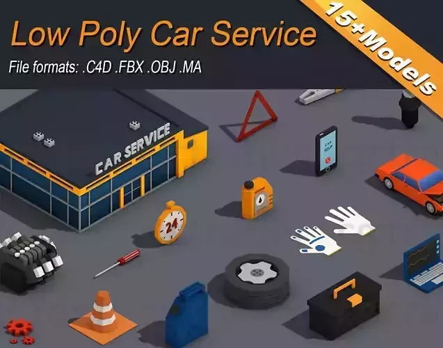 Low Poly Car Service Engine Repair Isometric
