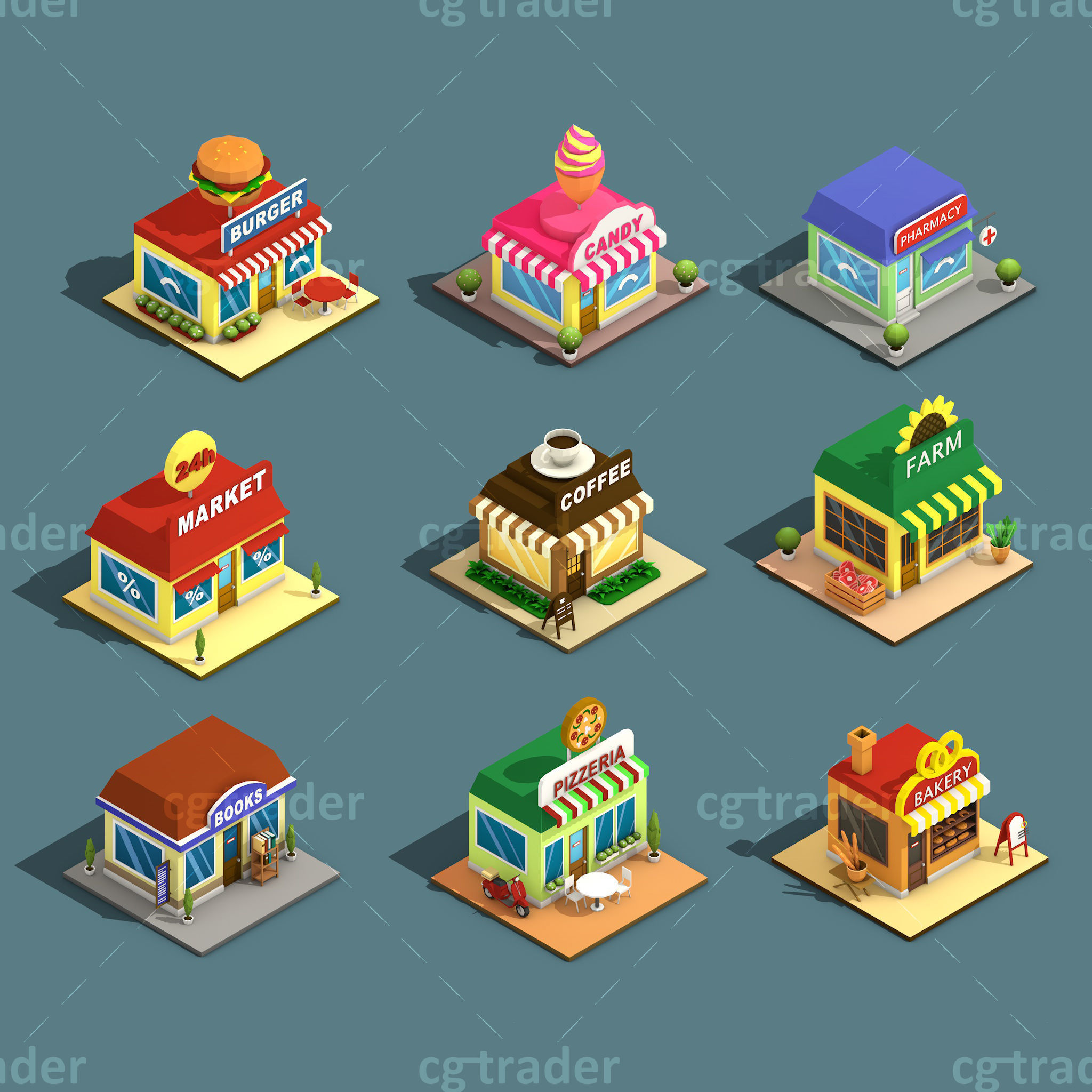 Low Poly Stores House ver 2 Isometric Low-poly 3D model_2