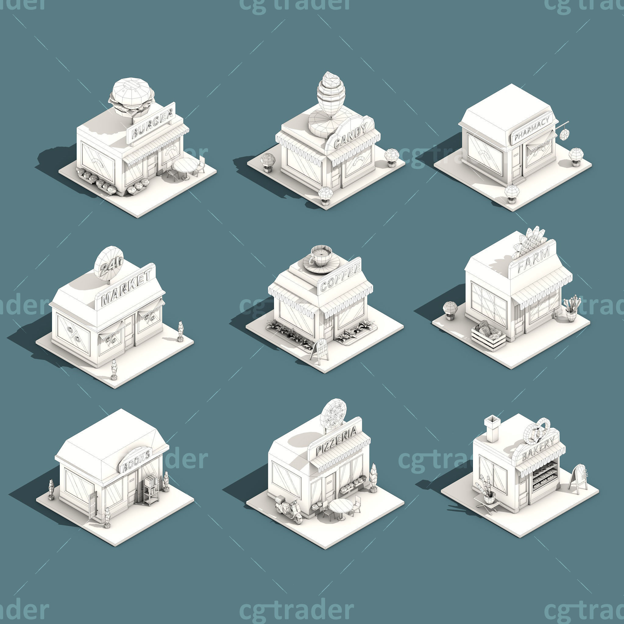 Low Poly Stores House ver 2 Isometric Low-poly 3D model_3