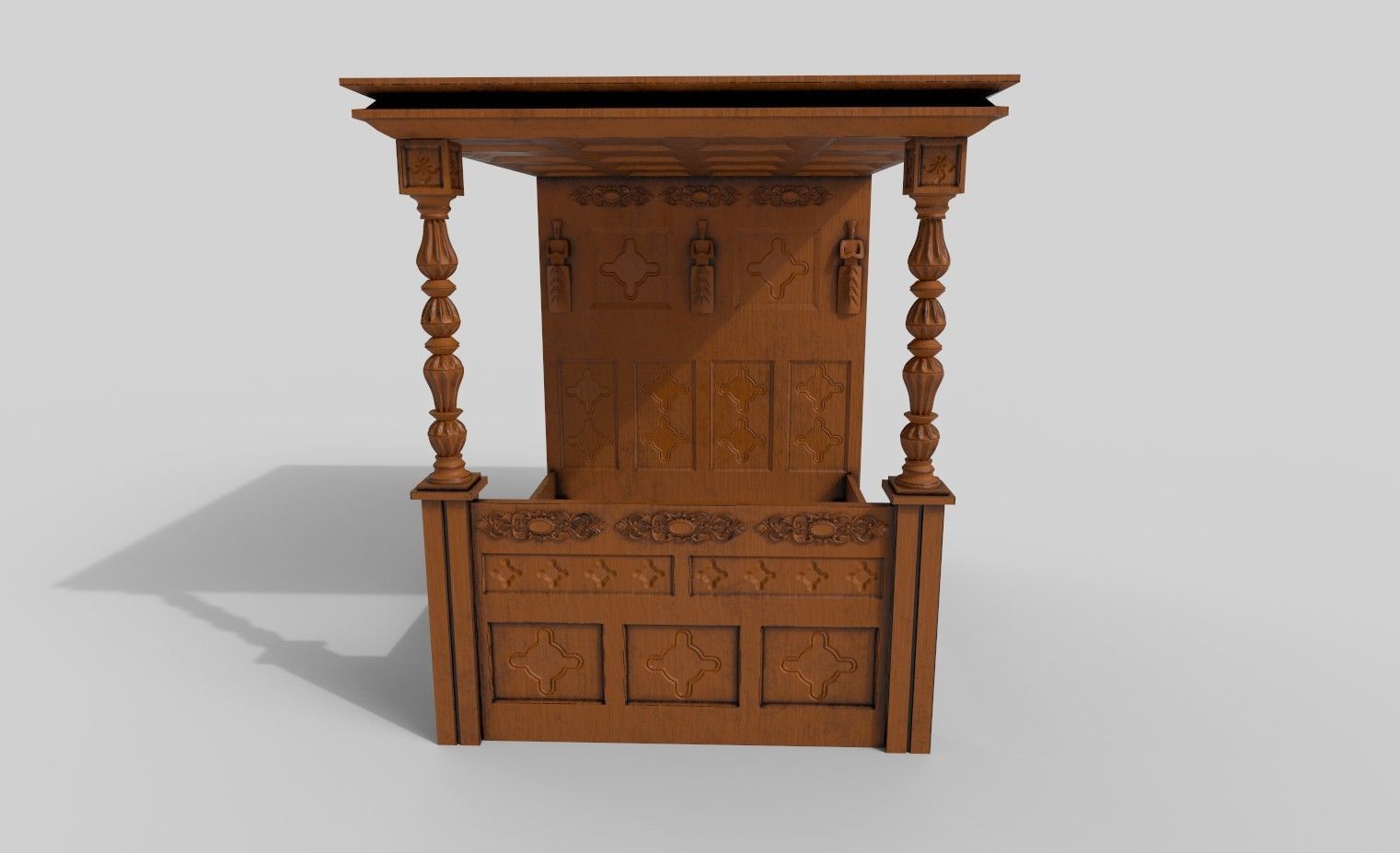 3d Bed wooden with ornate headboard Low-poly 3D model_3