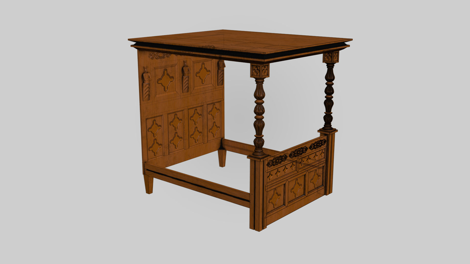 3d Bed wooden with ornate headboard Low-poly 3D model_8