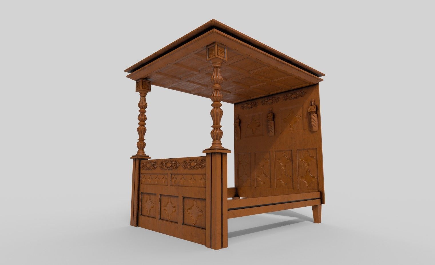 3d Bed wooden with ornate headboard Low-poly 3D model_4