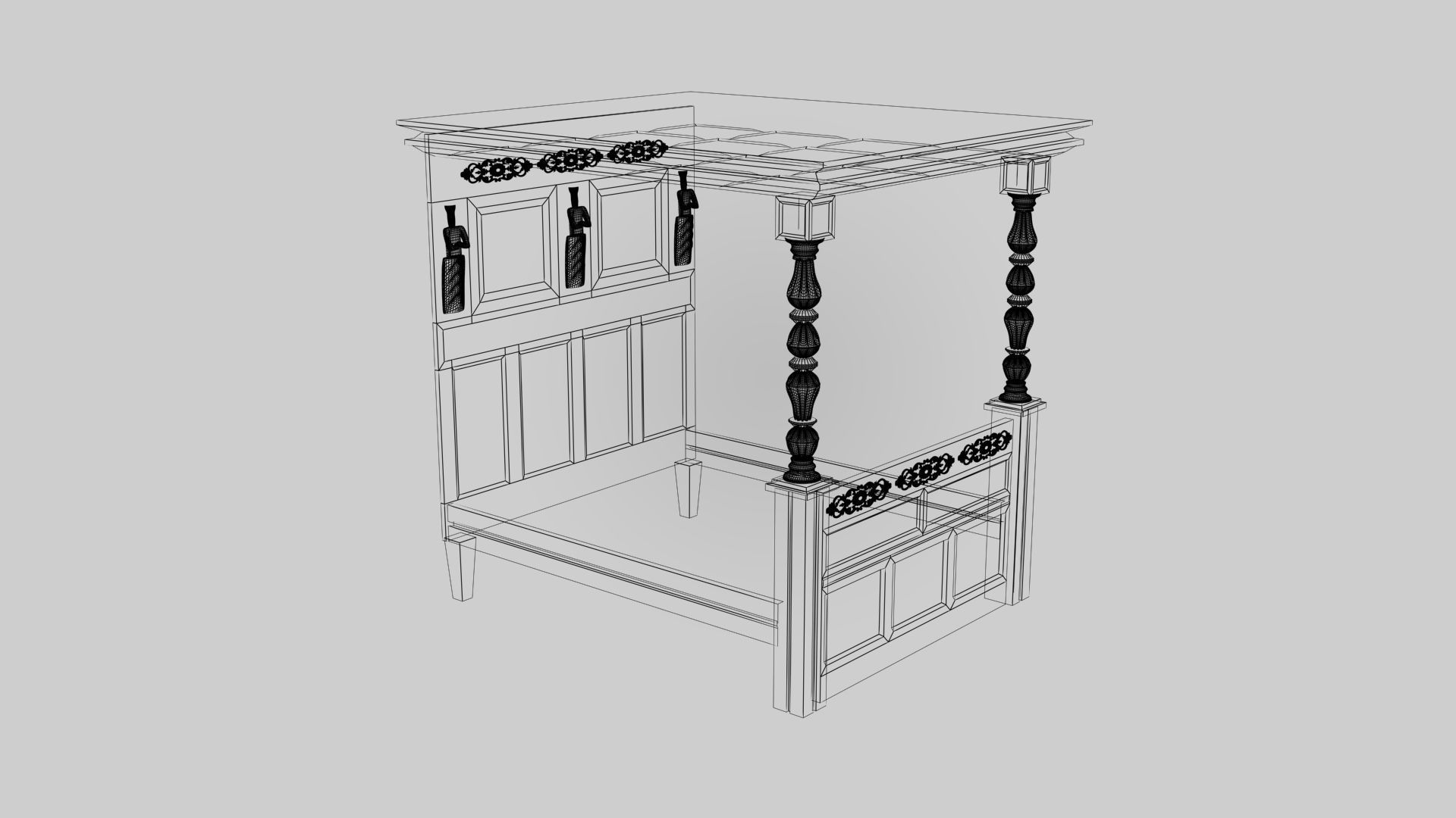 3d Bed wooden with ornate headboard Low-poly 3D model_7