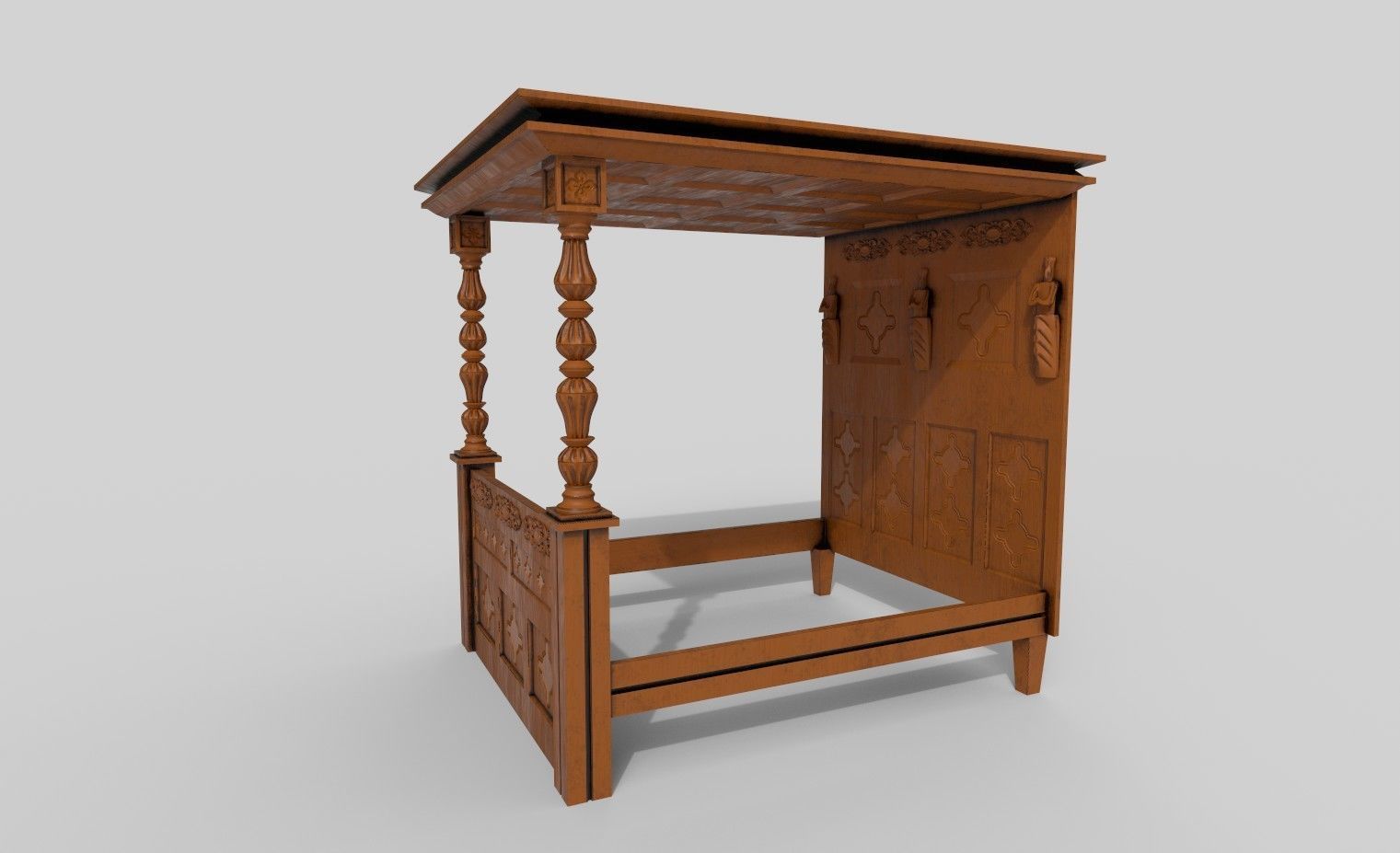 3d Bed wooden with ornate headboard Low-poly 3D model_2