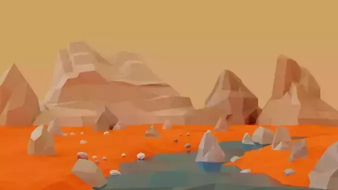 LowPolyRock desert landscape with rocks and water