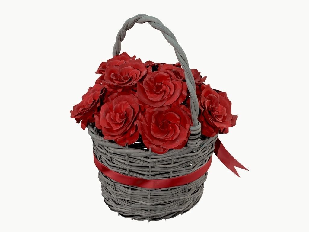 bouquet of red roses in wicker basket 3D model_2