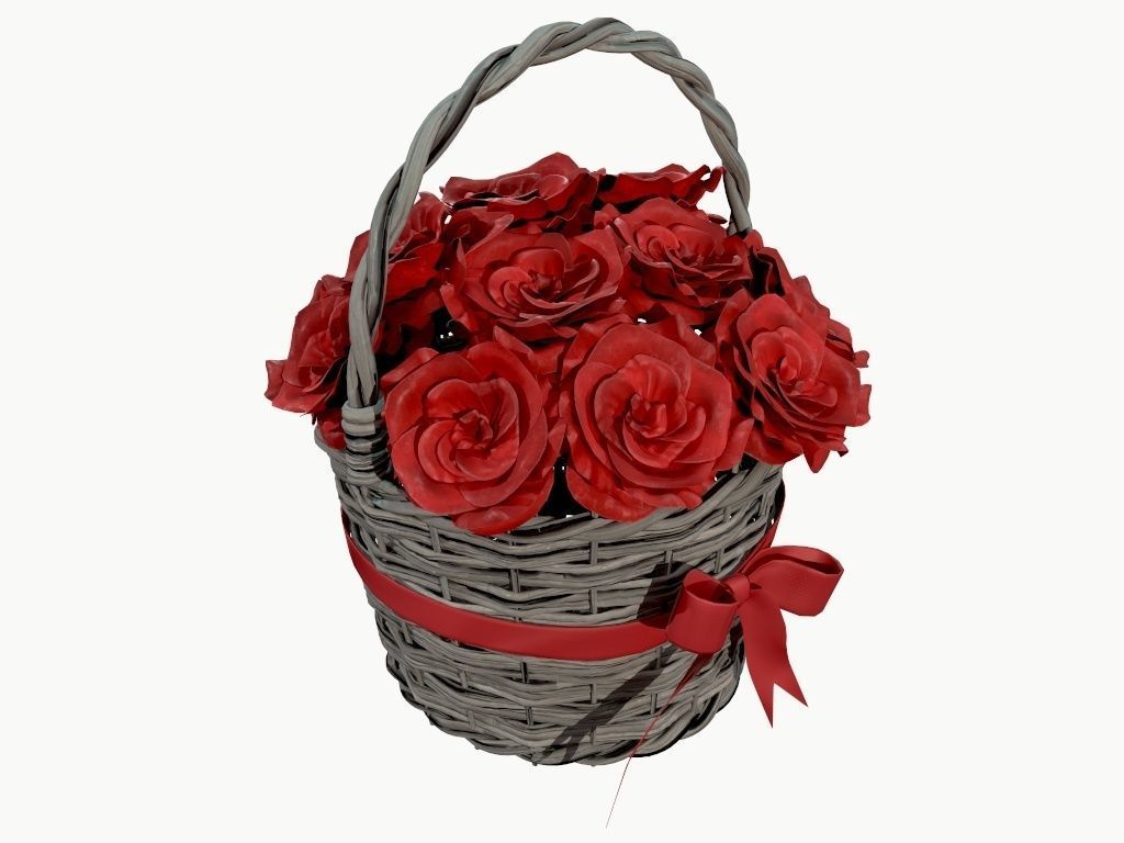bouquet of red roses in wicker basket 3D model_3