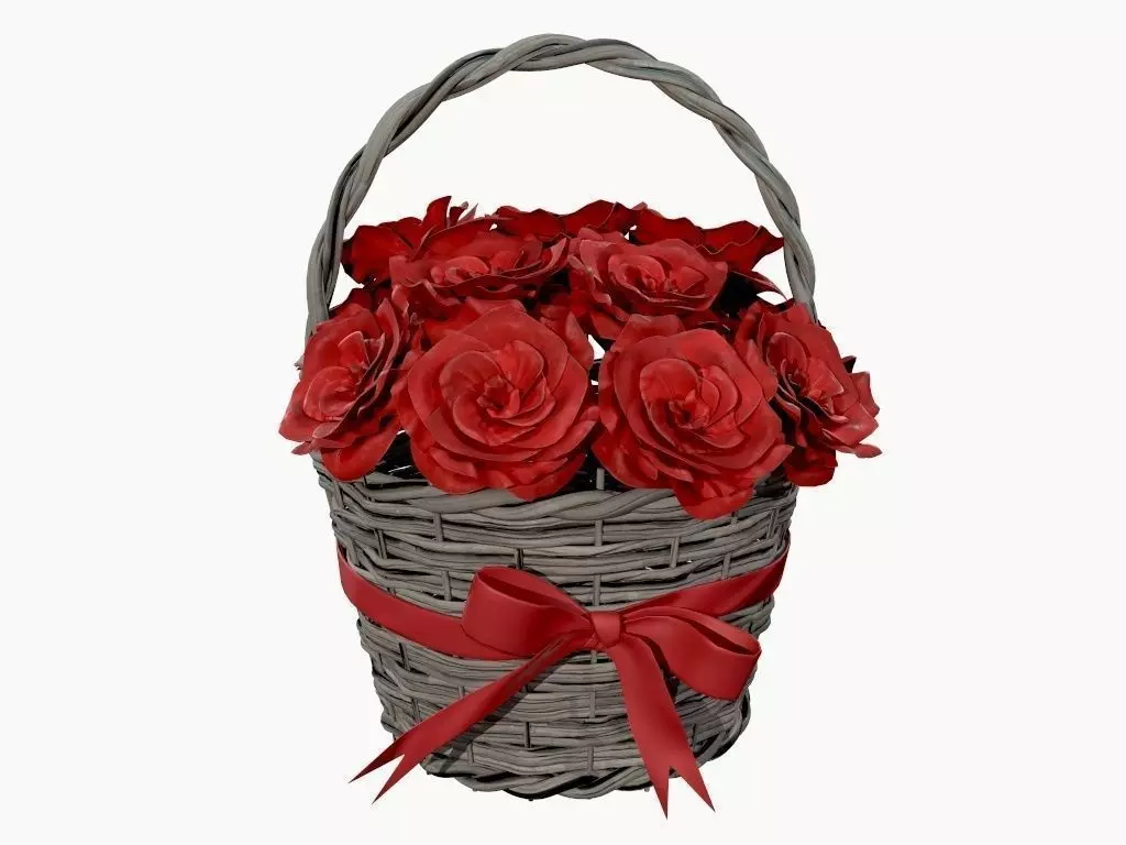 bouquet of red roses in wicker basket 3D model_0