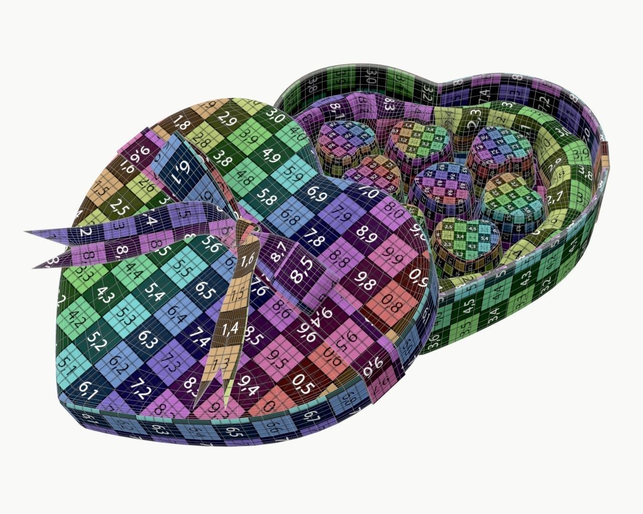 heart shaped box with chocolate and ribbon tied round with bow 3D model_10