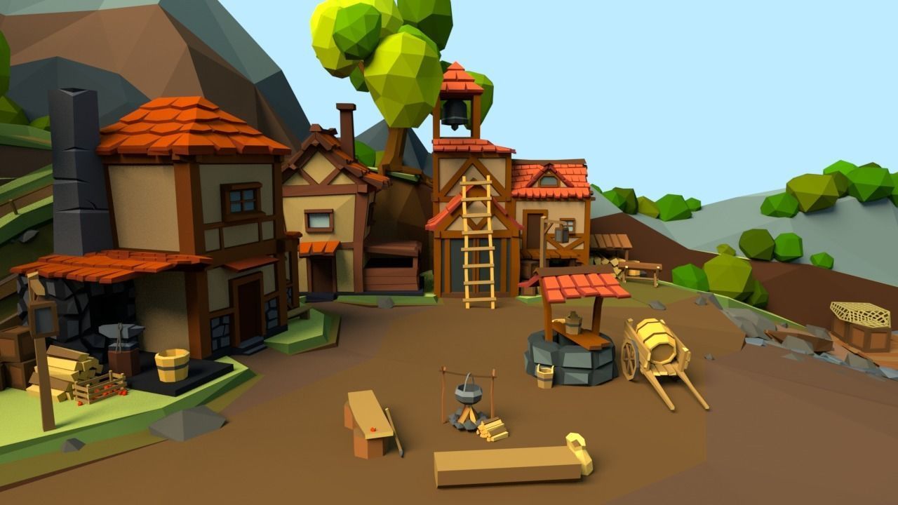 Medieval Village Low-poly 3D model_1