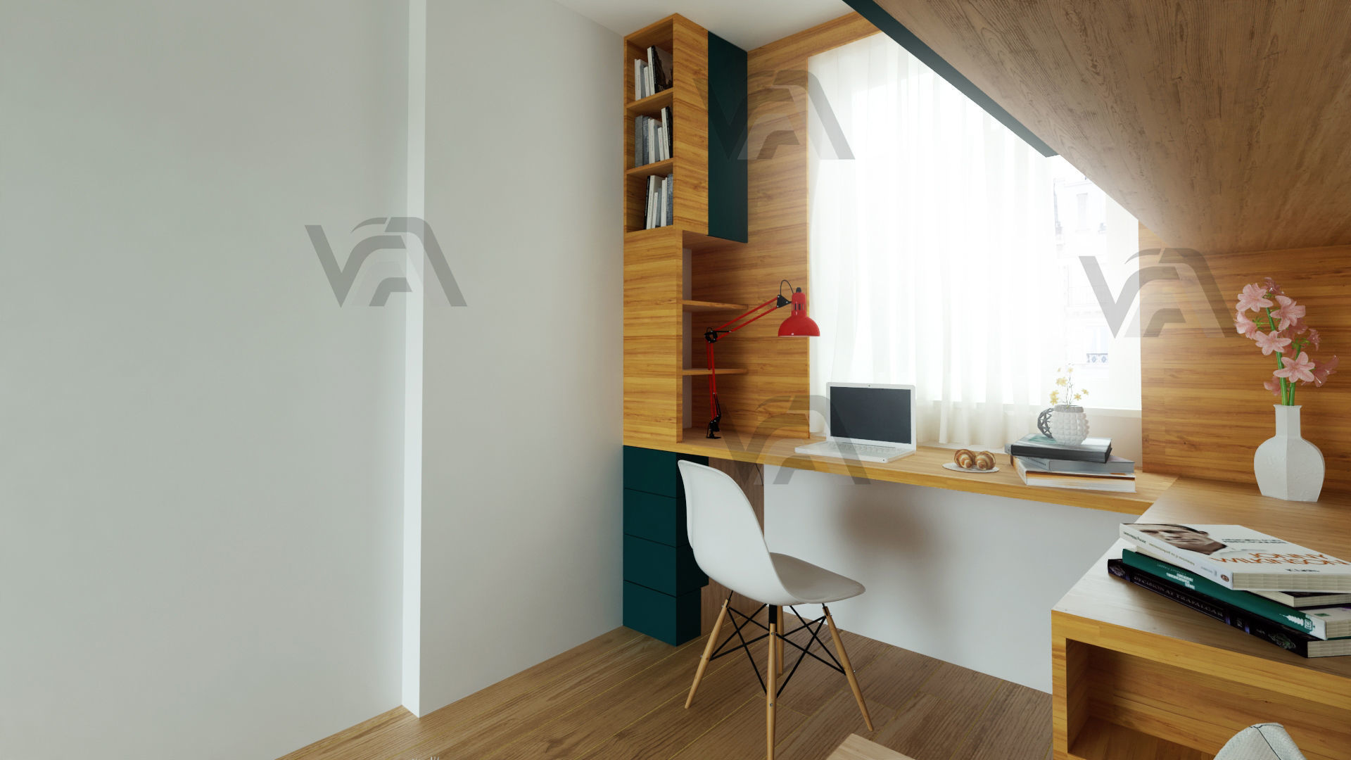 Bedroom 1 with desk and bookshelf 3D model_1
