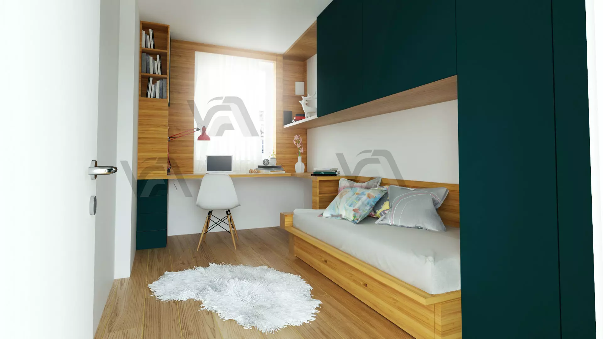 Bedroom 1 with desk and bookshelf 3D model_0