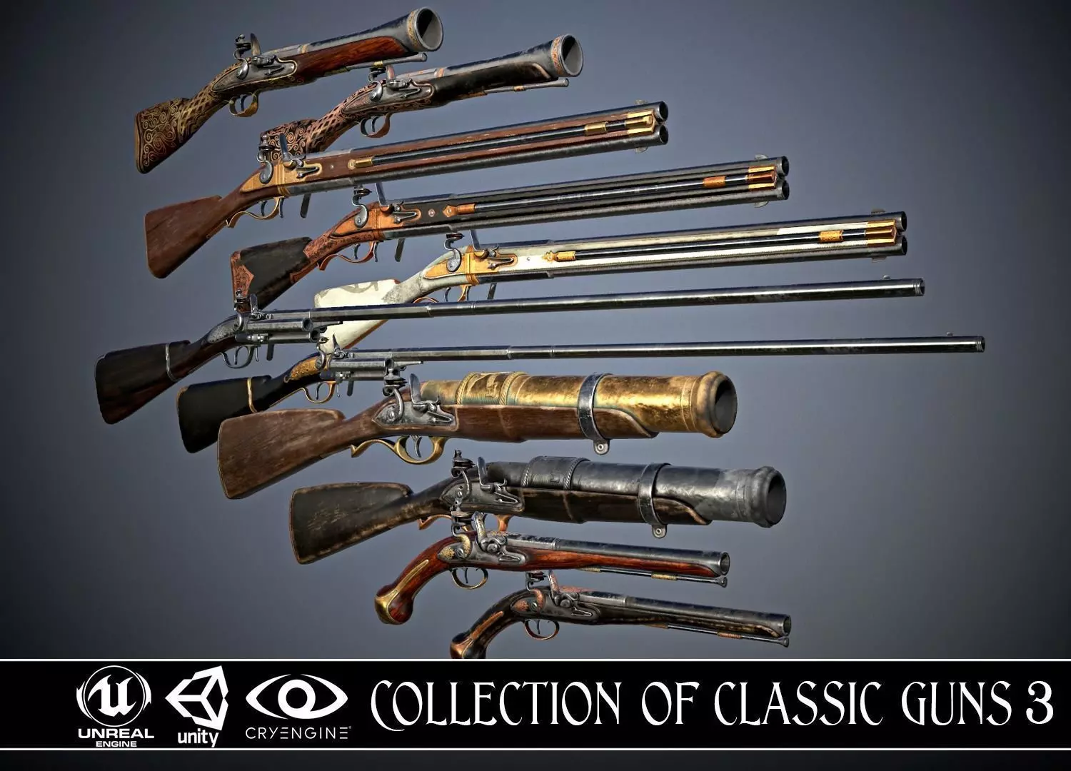 Collection of classic guns 3 Low-poly 3D model_0