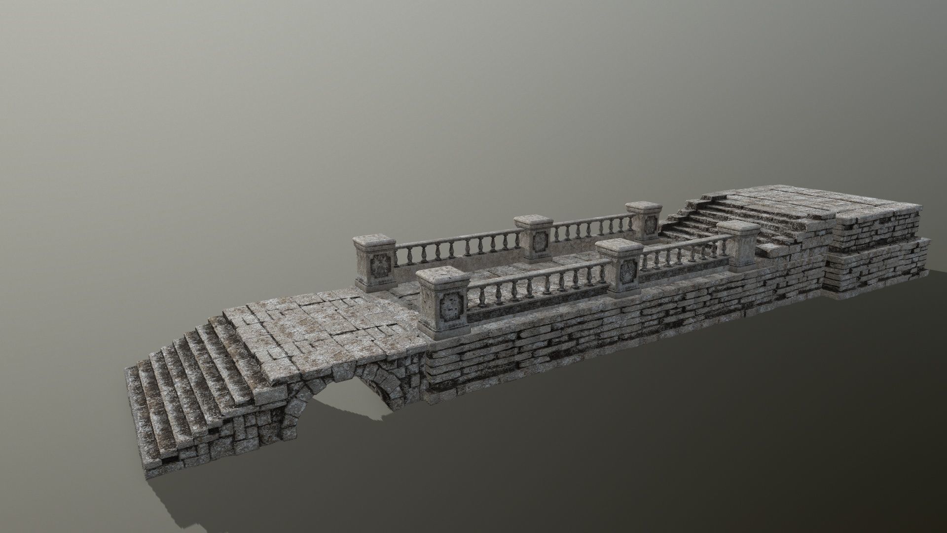 ruin set stone wall with stairs Low-poly 3D model_2