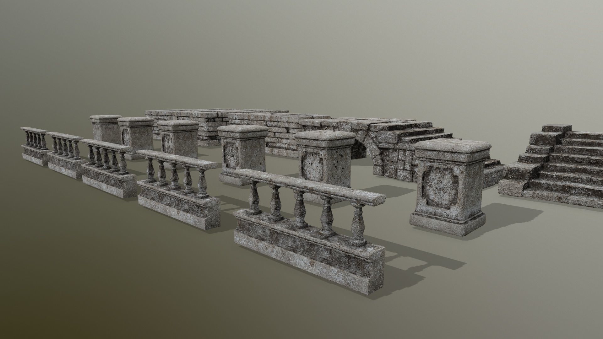 ruin set stone wall with stairs Low-poly 3D model_7