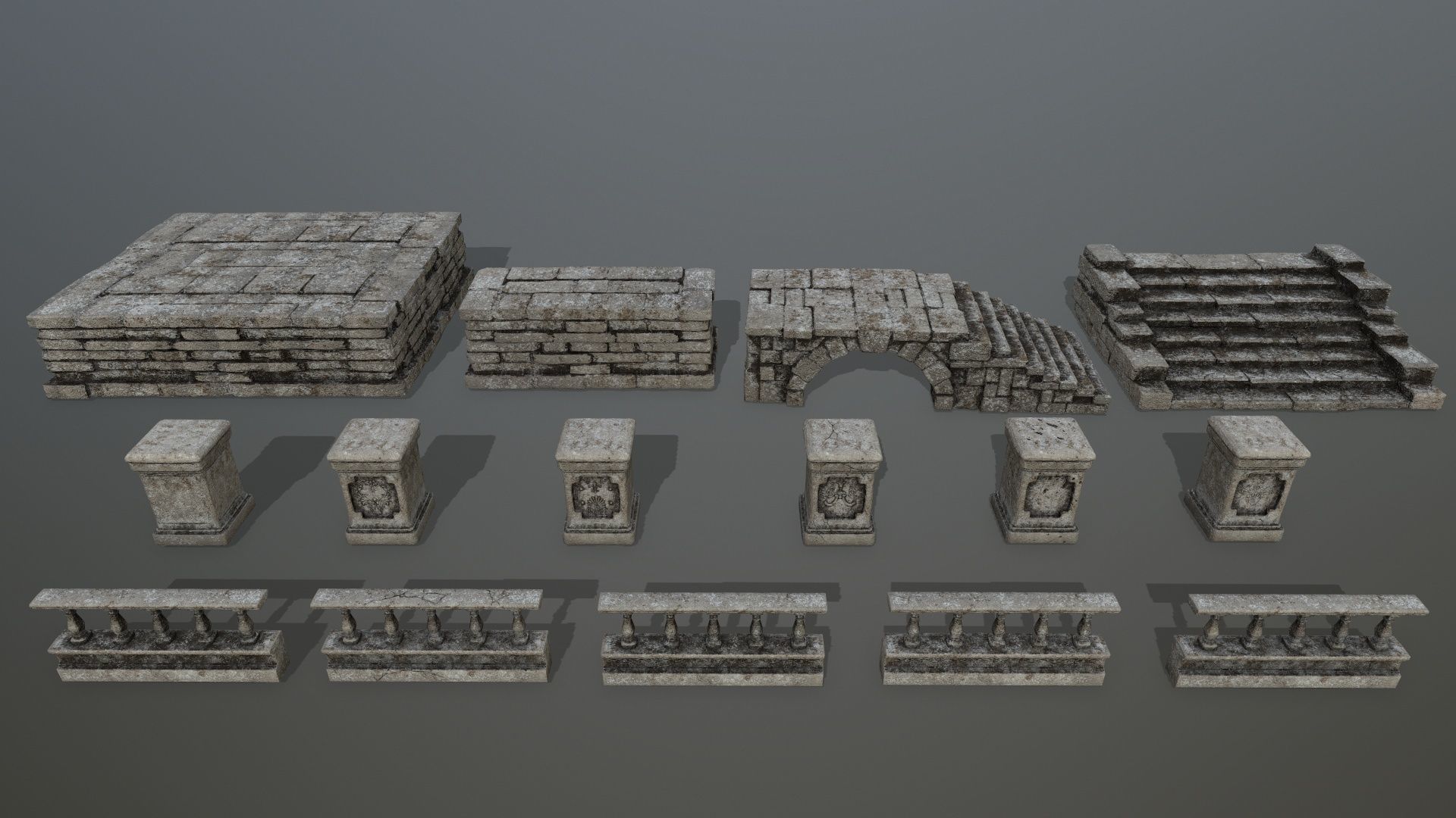 ruin set stone wall with stairs Low-poly 3D model_1