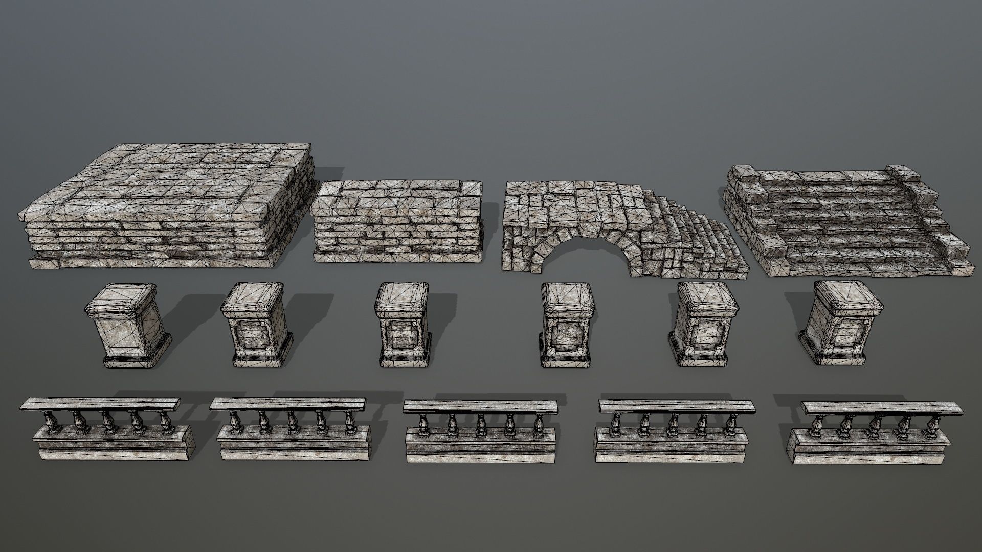 ruin set stone wall with stairs Low-poly 3D model_11