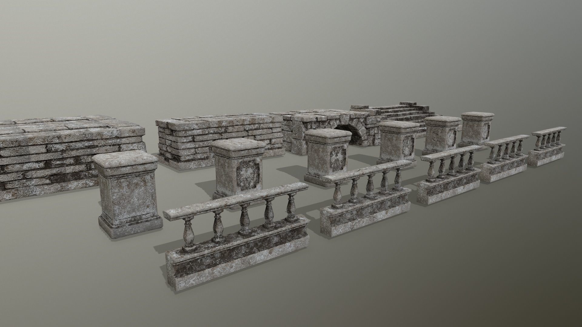 ruin set stone wall with stairs Low-poly 3D model_10