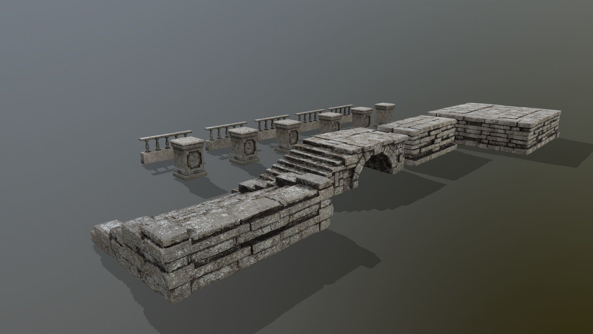 ruin set stone wall with stairs Low-poly 3D model_9