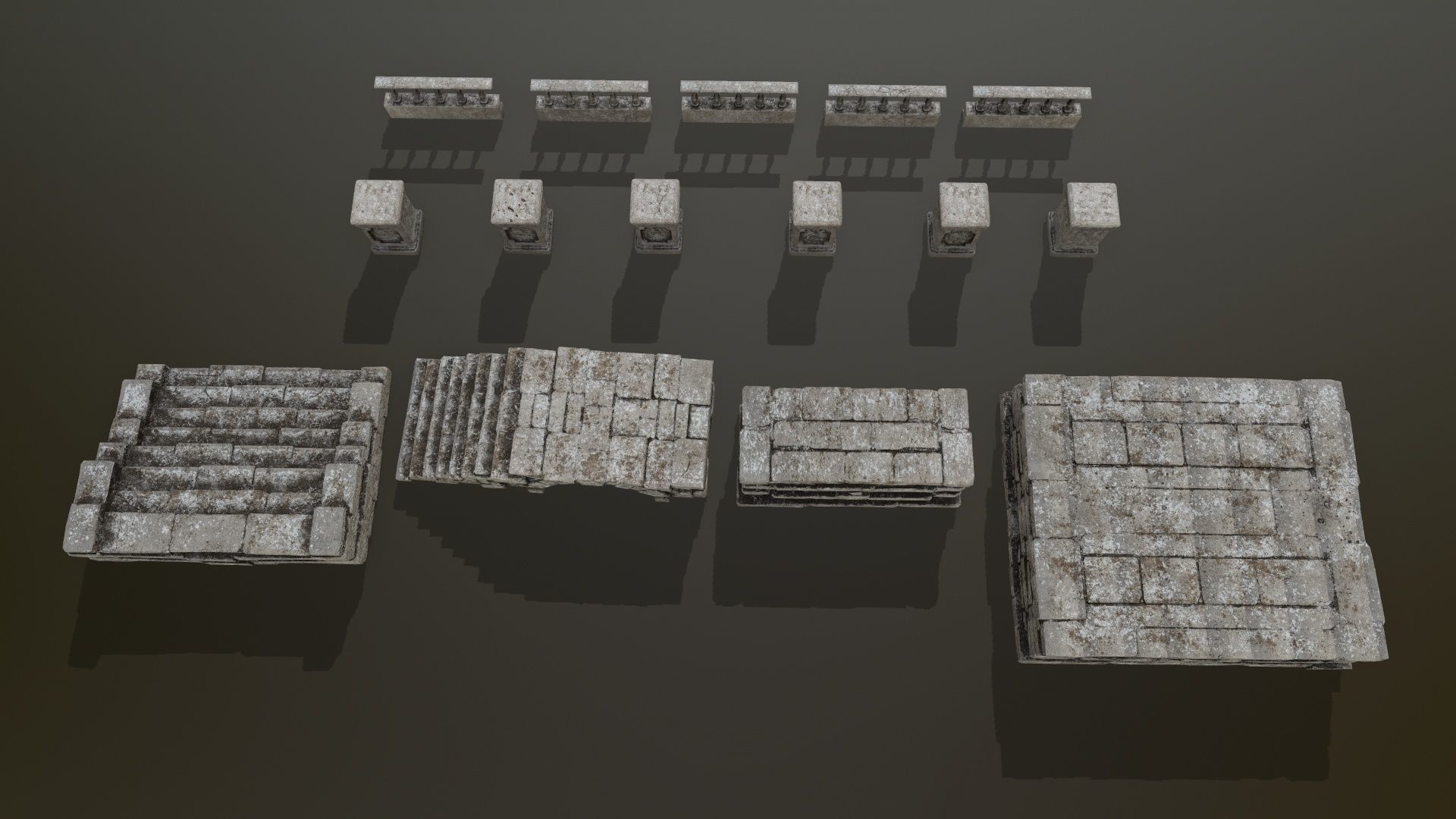 ruin set stone wall with stairs Low-poly 3D model_8