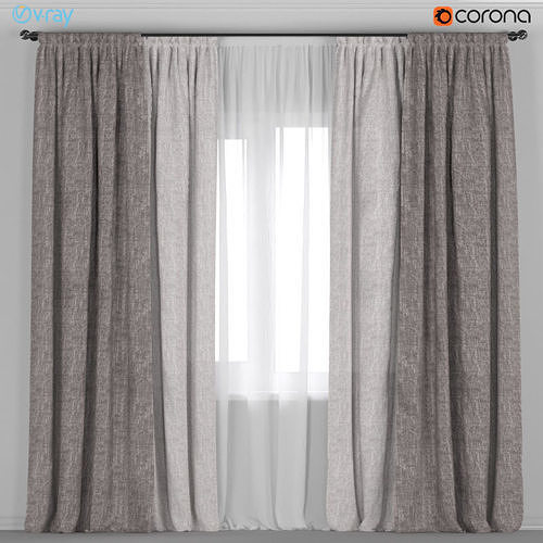 Linen curtains in neutral colors with white tulle 3D model