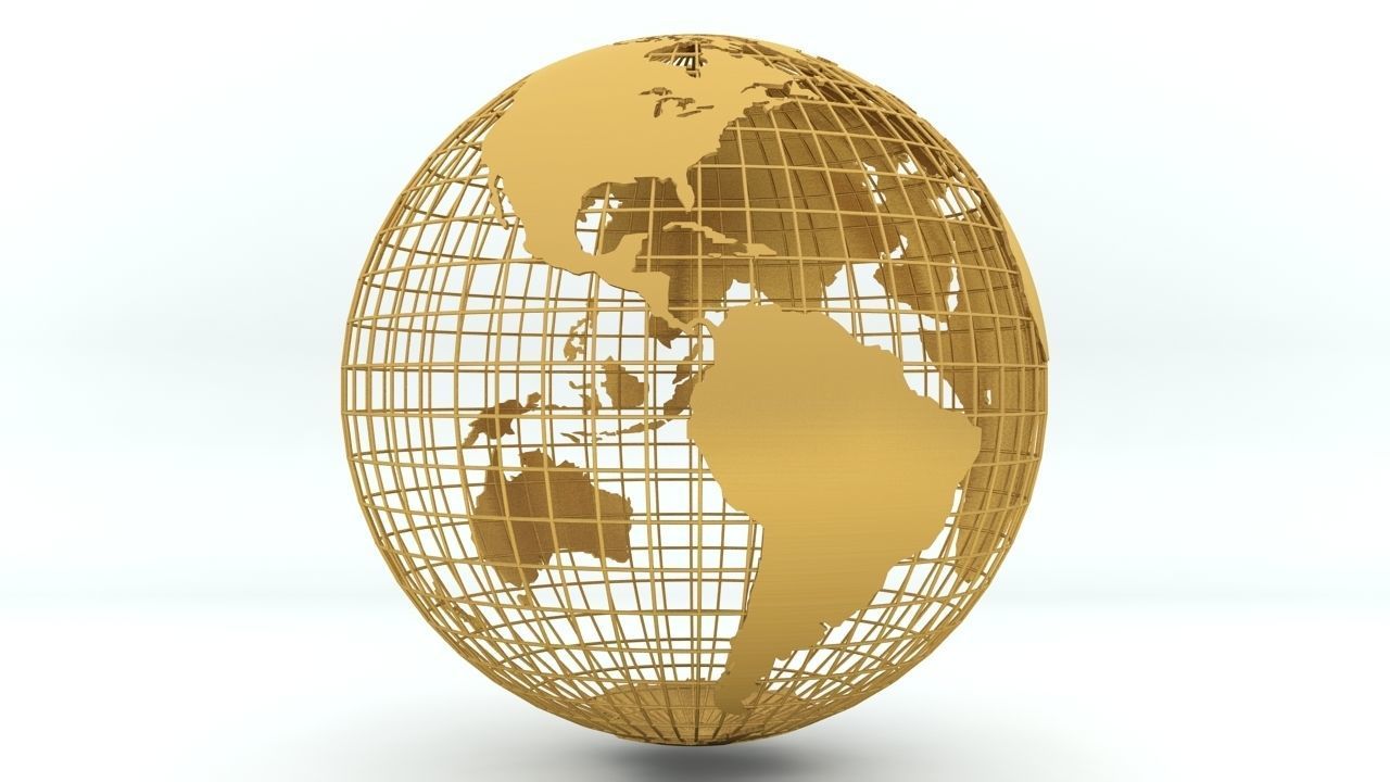 Golden Earth Globe on a golden spherical grid 3D model_4