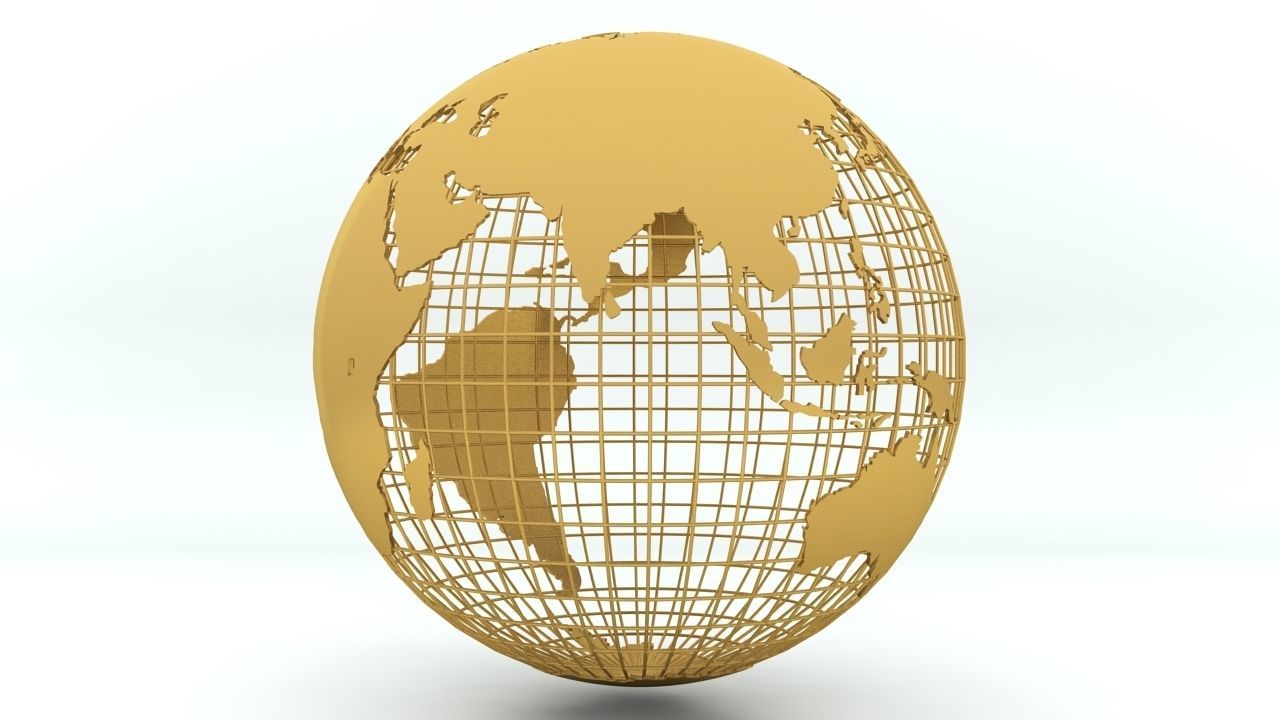 Golden Earth Globe on a golden spherical grid 3D model_1