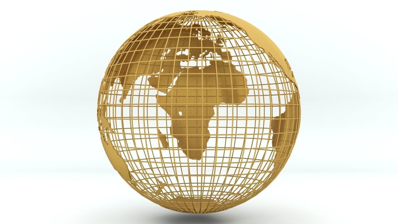 Golden Earth Globe on a golden spherical grid 3D model_3