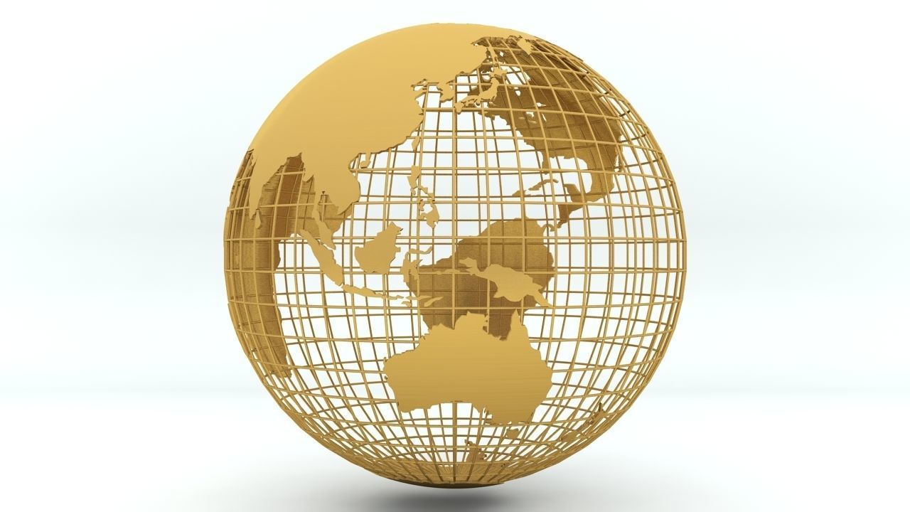 Golden Earth Globe on a golden spherical grid 3D model_2