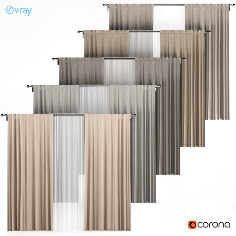 A series of five brown and gray curtains with white tulle 3D model_0