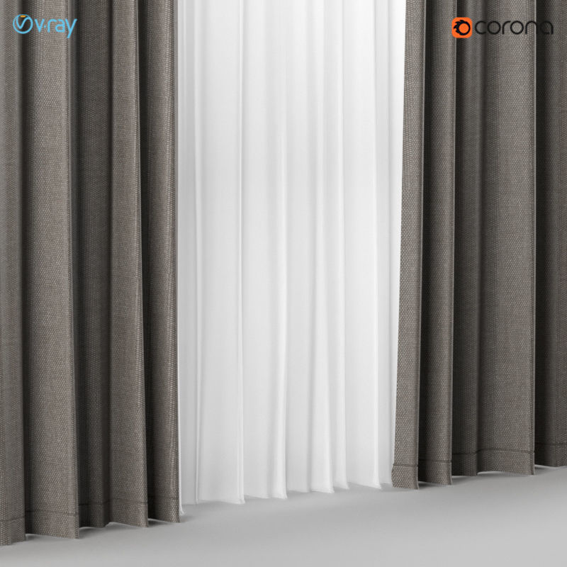 A series of five brown and gray curtains with white tulle 3D model_2