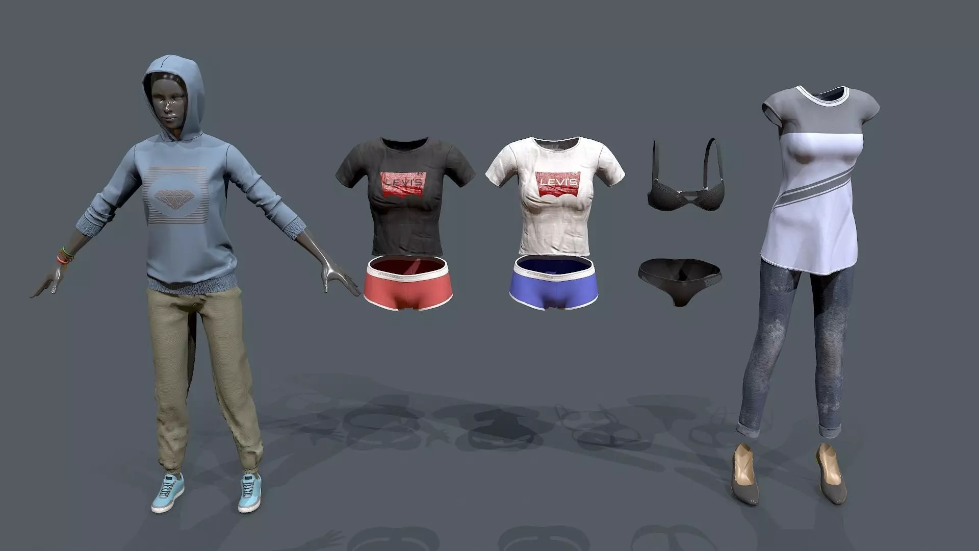 Female clothes set Low-poly 3D model_0