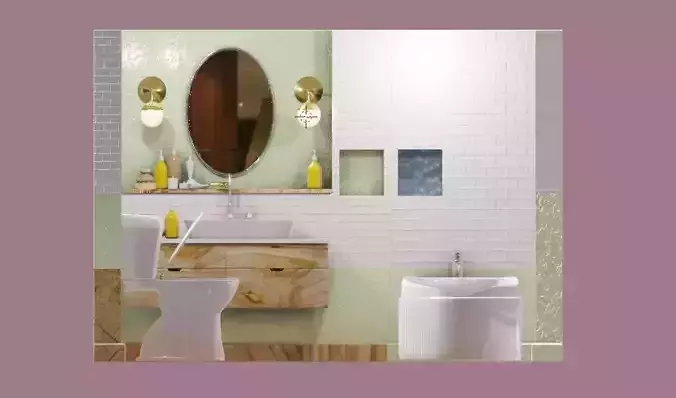 bathroom scene packed with models