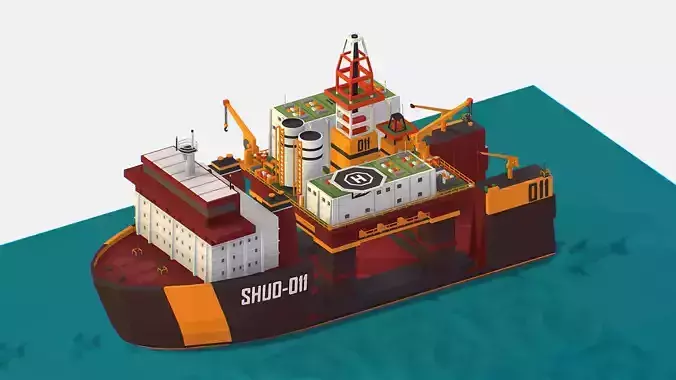 isometric Heavy Lift Vessel with Big Oil Rig Low-poly 3D model